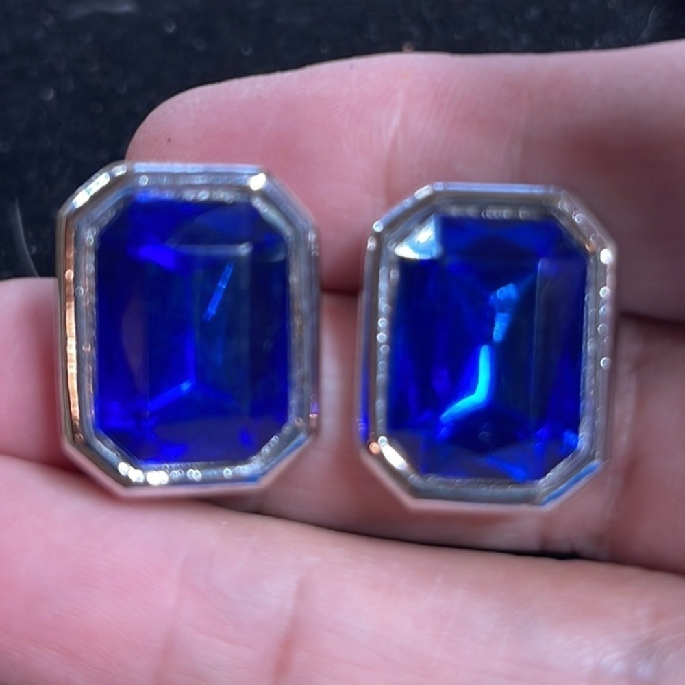 Bergere Signed Large Deep Royal Blue With Silver Tone Pierced Earrings. P/A
